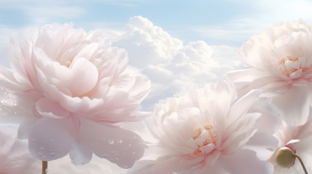 Peony flower with blue sky and white clouds. Floral background.の素材