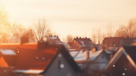 Beautiful sunset over the roofs of houses in the city. Winter landscape.の素材