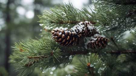 Pine branch with cones covered with snow in winter forest. Christmas backgroundの素材