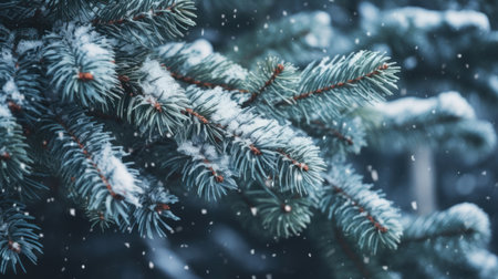 Christmas tree branches covered with snow. Winter background. Christmas card.の素材