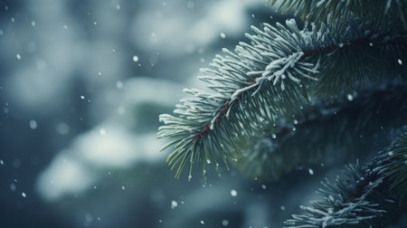 Fir branches covered with hoarfrost and snow. Christmas background.の素材