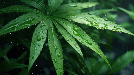 Rain drops on the leaves of a marijuana plant in the rain.の素材