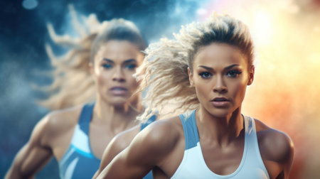 Group of sportswomen running together at the stadium. Fitness and healthy lifestyle.の素材