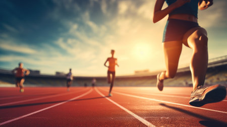 Runner athlete running on racetrack at stadium, healthy lifestyle conceptの素材