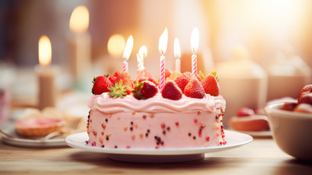 Birthday cake with candles and strawberries on wooden table. Selective focusの素材