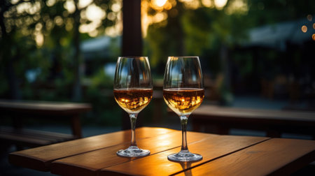 Two glasses of white wine on wooden table in outdoor restaurant. Selective focus.の素材