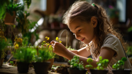 Cute little girl planting seedlings in pots at home. Selective focus.の素材