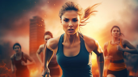 Athletic young woman running in a city at sunset.の素材