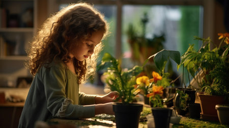 Little girl planting flowers at home. Cute child with long curly hair.の素材