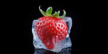 strawberry frozen in ice cube on black background, closeupの素材