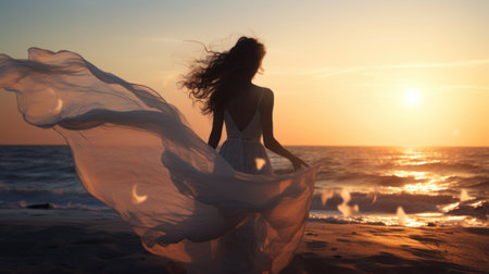 Beautiful girl in a white dress on the beach at sunset.の素材