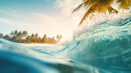 Tropical beach with palm trees and blue ocean wave. 3d renderingの素材