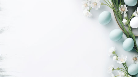 Easter eggs and spring flowers on white wooden background with copy spaceの素材