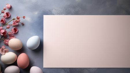 Easter eggs and flowers on blue background. Top view with copy spaceの素材