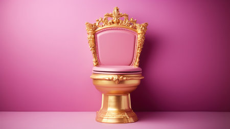 Golden toilet seat with golden crown on pink background. 3d renderingの素材