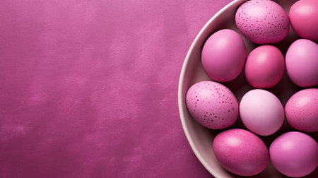 Pink Easter eggs in a bowl on a pink background with copy spaceの素材