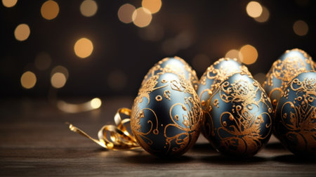 Easter eggs on wooden background with bokeh and lights.の素材