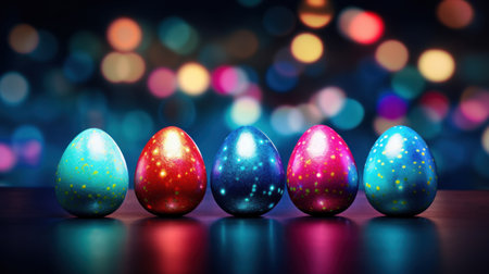Colorful easter eggs on bokeh background. Happy Easterの素材