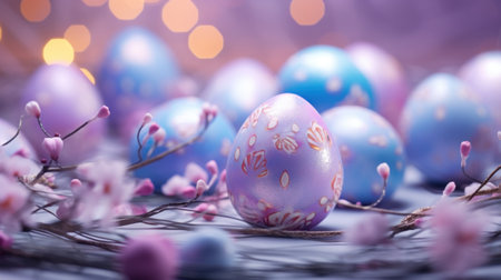 Colorful easter eggs on bokeh background. Happy Easterの素材