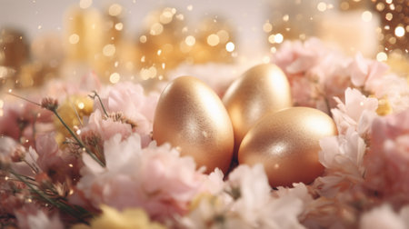 Golden Easter eggs in nest with flowers on bokeh background.の素材