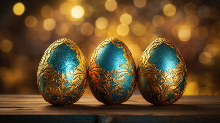 Three golden easter eggs on wooden table with bokeh backgroundの素材