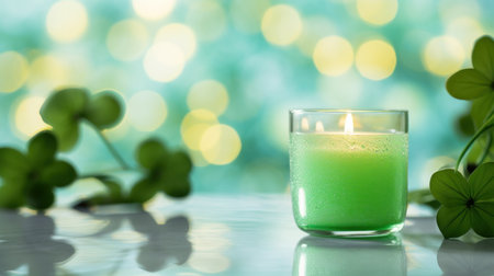 Green candle with clover leaves on bokeh background, closeupの素材