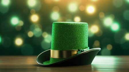 Green top hat with golden ribbon on wooden table over bokeh background. 3D Renderingの素材