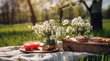 Picnic in the park with a basket of flowers and croissantsの素材