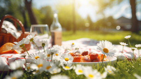 Picnic in the garden with flowers and fruits on the grass.の素材
