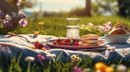 Picnic in the meadow with a plate of pancakes and strawberriesの素材