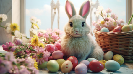 Easter bunny with colorful eggs and spring flowers on windowsill.の素材