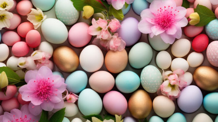 Colorful easter eggs and spring flowers background. Top view.の素材