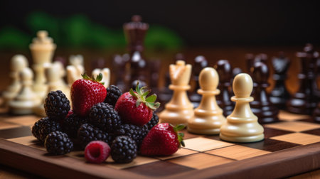 Chess pieces and berries on wooden board. Black and white.の素材