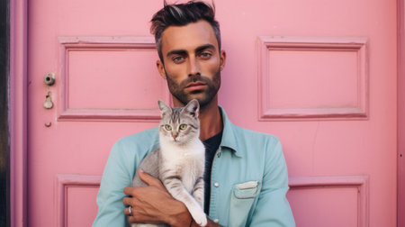 Handsome young man with beard and mustache in blue jacket holding cat on pink backgroundの素材