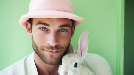 Handsome man in hat with white rabbit on green background.の素材