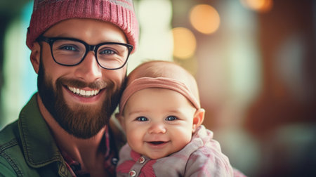 Portrait of a happy father and his adorable baby girl outdoors.の素材