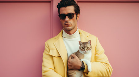 stylish man in sunglasses holding cat and looking away on pink backgroundの素材