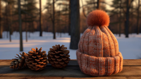 Winter hat and pine cones on a wooden table in the forest.の素材
