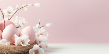 Pink easter eggs in nest with cherry blossom flowers on pastel pink backgroundの素材