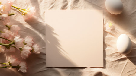 Easter greeting card mockup with white eggs and spring flowers on bedの素材
