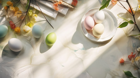 Easter eggs on a white background. Easter background with copy space.の素材
