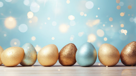 Easter eggs on blue bokeh background with copy space.の素材
