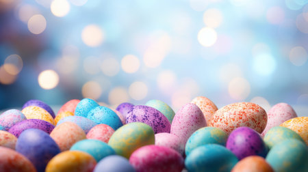 Colorful easter eggs on bokeh background with copy spaceの素材