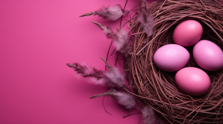 Pink easter eggs in nest with feathers on pink background, top viewの素材