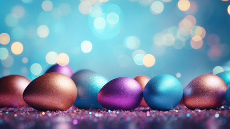Colorful easter eggs on glitter background with bokeh effectの素材