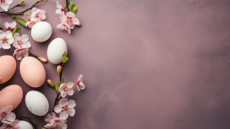 Easter eggs and cherry blossoms on a pink background with copy spaceの素材
