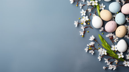 Easter eggs and spring flowers on blue background. Happy Easter concept.の素材
