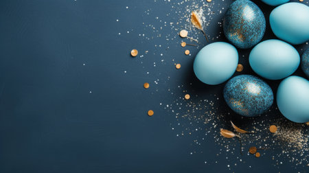 Blue easter eggs on blue background. Top view with copy spaceの素材