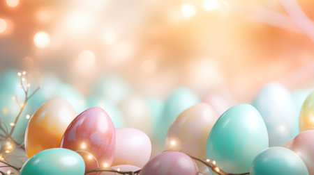 Easter background with pastel colored eggs and bokeh lightsの素材