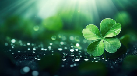 Green clover leaf with water drops on dark background. St. Patrick's day conceptの素材